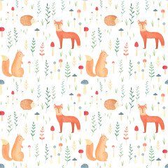 Woodland seamless pattern with watercolor hand drawn animals. Cute fox, squirrel, bear, rabbit with forest leaves and mushrooms on white background. Perfect summer print for kids, infants, nursery.