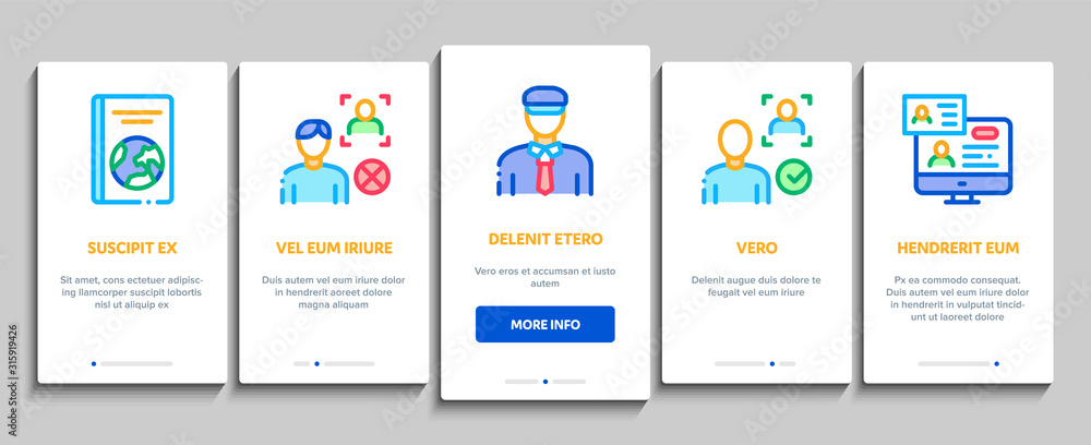 Poster passport control check onboarding mobile app page screen vector. scanning passport and stamp, police