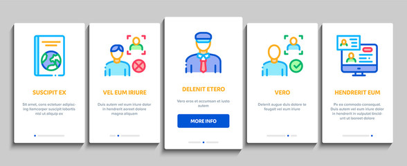 Passport Control Check Onboarding Mobile App Page Screen Vector. Scanning Passport And Stamp, Policeman And Book, Fingerprint And Document Concept Linear Pictograms. Color Contour Illustrations