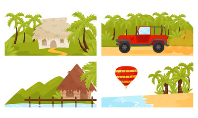Tropical Island Scenic Illustrations with Palm Trees and Hut Vector Set