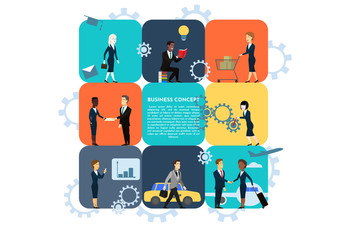 Set of flat vector illustrations. People, business, finance, trip, education, shopping. Business concept of teamwork, cooperation, partnership. Transfer from the airport. Creative idea design.