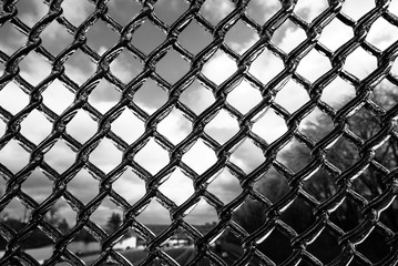 Frozen industrial chain link fence. Ice covered fence background. Abstract minimal industrial design and detail.