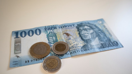 hungarian forint banknotes and coins with white background