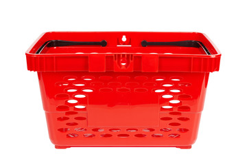red shopping basket in a supermarket.