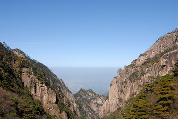 Fototapeta na wymiar Huangshan Mountain in Anhui Province, China. A panoramic view of the North Sea or Bei Hai on Huangshan looking north to the plain. From a viewpoint near the Xihai Hotel on Huangshan Mountain, China.