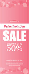 Valentines day sale vertical banner with simple concept on pink background. Vector. 