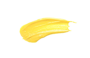 Cheese sauce spot isolated on white background, top view