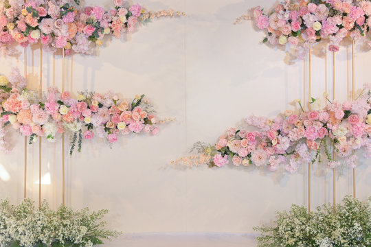 rose flower decoration on wedding backdrop of design wall background