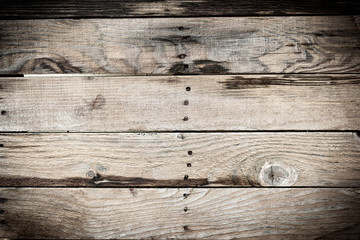 old wood barn dark wall texture background, timber plank wooden pallet weathered with nail tack