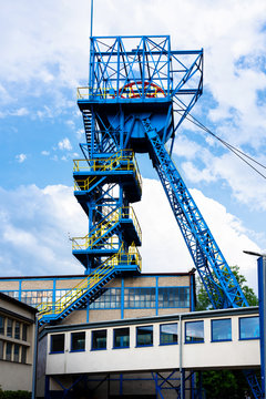 Old, used mine shaft headgear with pulley wheel, Zabrze, Silesia, Poland