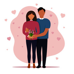 Loving couple on the pink background.  Celebrating love and St.Valentine's day. Cute vector illustration in flat style.