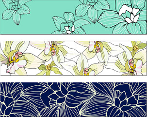 Set of floral bookmarks with white and contour flowers for layout, corporate identity and design. Realistic vector illustration of tropical flowers.