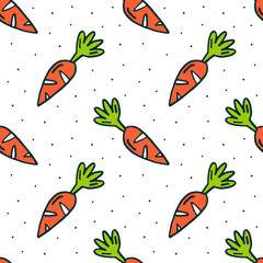 Carrots with tops cute cartoon minimalist vector doodle hand drawn seamless pattern, print on white background. Eco farm, vegan, fresh vegetarian products. Small home garden. Hobby.