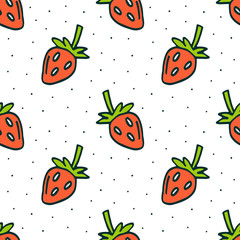 Red strawberries cute funny cartoon minimalist vector doodle hand drawn seamless pattern, print on white background. Eco farm, vegan, fresh vegetarian products. Small home garden. Hobby.