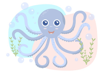 Сute baby octopus with bubbles and plants in the underwater world