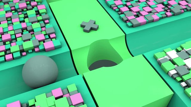 3D animation of two balls moving along a chute and sorting them by color. 4K animation for screensavers.
