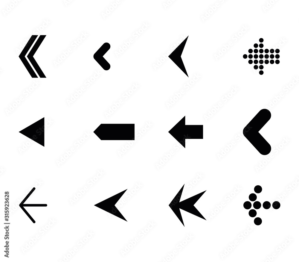 Poster set of different designed arrows. simple black flat vector icons