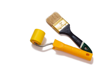 Painter brush and roller on a white isolated background. Repair tool.