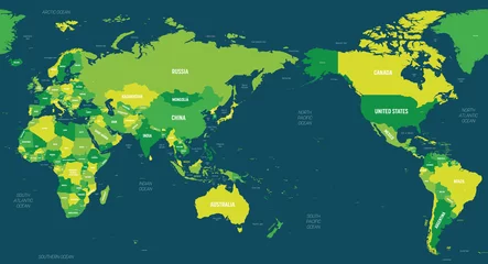 Weltkarte - Asien, Australien und Pazifischer Ozean zentriert. Grüner Farbton auf dunklem Hintergrund. Hochdetaillierte politische Weltkarte mit Länder-, Hauptstadt-, Ozean- und Meeresnamen © pyty