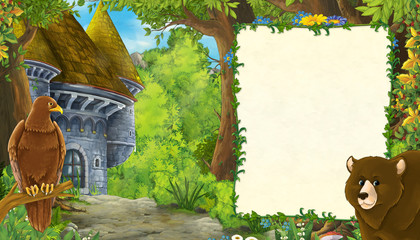 Cartoon nature scene with bear with bird eagle with castle tower in the forest with frame for text - illustration for the children