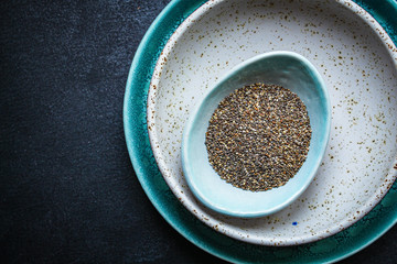 chia seeds, superfood (healthy diet, food supplement) menu concept. background. top view. copy space