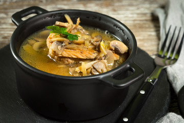 Stewed pork loin with mushrooms.