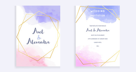 Wedding invitation frame, rsvp, save the date card design with splash violet and pink watercolours isolated. Sketched Vintage frame vector image
