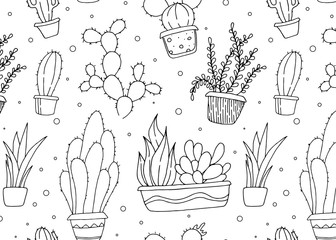 Hand drawn cactus in pots. Black and white background