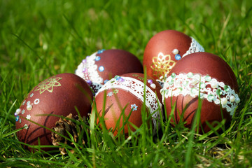 Easter decorated Eggs on the green grass