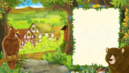 cartoon summer scene with bear with bird eagle with path to the farm village with frame for text - nobody on the scene - illustration for children