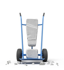 3d rendering of large stone exclamation mark on blue hand truck with big stone crumbs on ground.