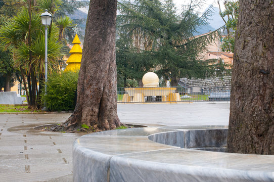 Piazza Gramsci famous fountain in Carrara, Tuscany. Italy.