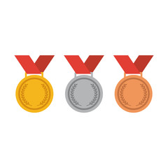 Colorful medal set for first, second and third place. Gold, silver, bronze medals cartoon vector.