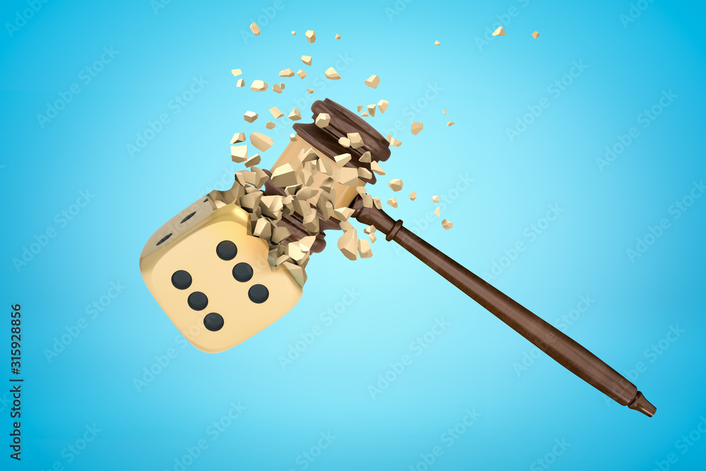 Poster 3d rendering of brown judge gavel hitting and breaking golden dice on light blue gradient background