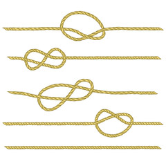 Set of ropes with different nodes. Drawing related to maritime. Sailor rope tying the nautical knot. Vector brush.