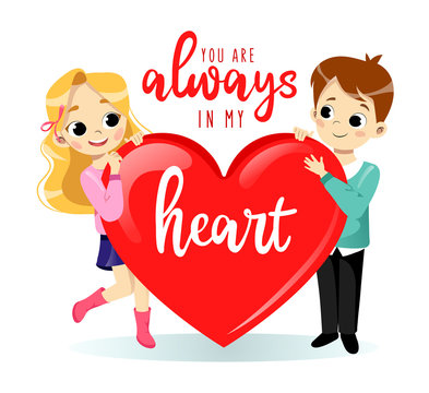 Valentines day concept. Cartoon Young Couple in love Man and Woman are Holding a Big Heart. Isolated on the White Background With Place For Text. Flat Style. Vector illustration