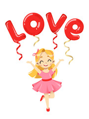Happy Valentines Day Greeting Card Concept. Happy Cartoon Girl With Ballons with Love Inscription Above Isolated on the White Background. Flat Style. Vector Illustration