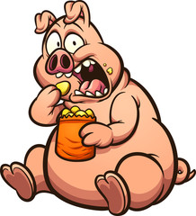Fat pig eating chips with a surprised look on its face cartoon. Vector clip art illustration with simple gradients. All on a single layer.