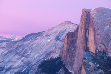 Landscape of Half Dome and the Sierra Nevada Mountains from Glacier Point at twilight, Yosemite National Park, California, USA