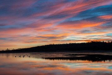 Naklejka na ściany i meble beautiful sunrise on the autumn lake