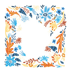 Fototapeta na wymiar Frame drawn by hand in doodle style , foliage and flowers orange and blue colour, plants for your design. Floral background. Copy space.