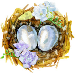 Hand drawn watercolor art bird nest with eggs and flowers, easter design.
