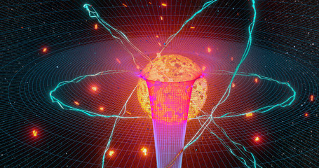 Quantum physics particles concept with atom core protons and neutrons and spinning electrons...