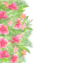 watercolor illustration seamless banner of green tropical leaves with pink flowers on a white background. copy space for texte. For cards, design, banners, backgrounds, invitations.