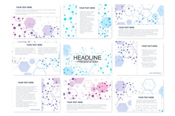 Big set of vector templates for presentation slides. Modern graphic background structure molecule and communication. Scientific pattern atom DNA. Medical, science, chemistry design.