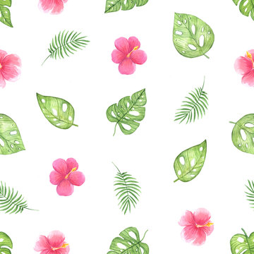 watercolor illustration seamless pattern of green tropical leaves with pink flowers on a white background. copy space for texte. For cards, design, banners, backgrounds, invitations.