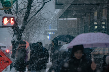Vancouver / BC - January 15th 2020. Snow storm hits the main-land snowy city blizzard downtown snowmaggedon people walking in snow with umbrellas  group of people in town 