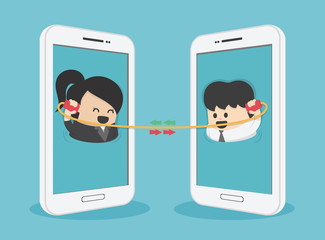 Communication between business men and women via smartphone