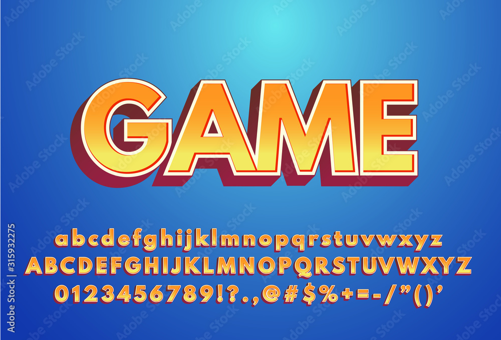 Poster start - text effect with modern 3d design, gradient font complete set alphabet for game title or log