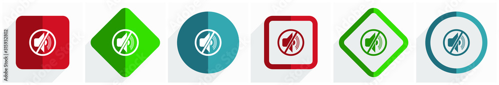 Aufkleber Mute icon set, flat design vector illustration in 6 options for webdesign and mobile applications in eps 10